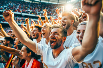 German football soccer fans in a stadium supporting the national team, Die Mannschaft
