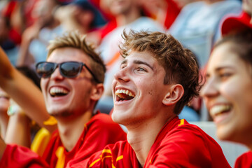 Belgian football soccer fans in a stadium supporting the national team, Rode Duivels, Diables Rouges
 - obrazy, fototapety, plakaty