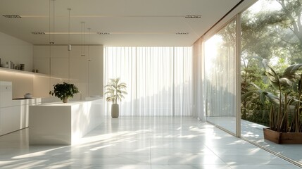 Open kitchen with white minimalist decor, white floor-to-ceiling gauze curtains. Generative AI. - obrazy, fototapety, plakaty