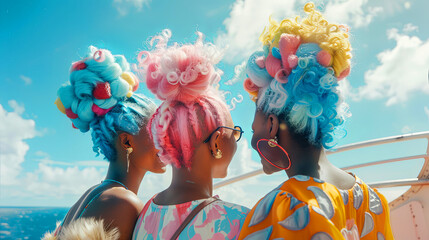 three smiling black women with pastel blue hair in space buns, wearing colorful wigs - 754348135