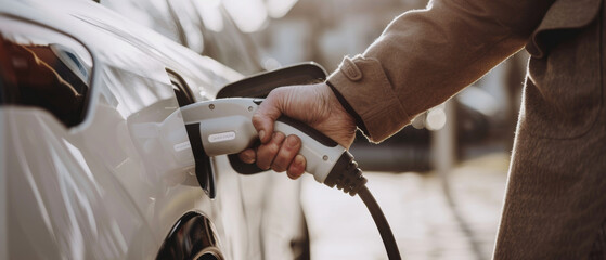 Hand connecting electric charger to car, symbolizing the shift toward sustainable driving.