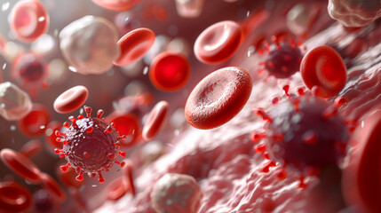 A close up of red blood cells with a virus in the middle