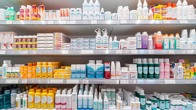 A pharmacy shelf with many bottles of medicine