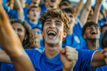 Italian football soccer fans in a stadium supporting the national team, Squadra Azzurra
 - obrazy, fototapety, plakaty