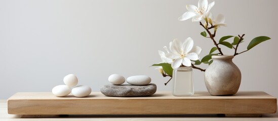 Obraz na płótnie Canvas A vintage wooden table shelf holds a white vase filled with delicate white flowers, surrounded by smooth rocks. The arrangement adds a touch of nature to the classic bathroom,