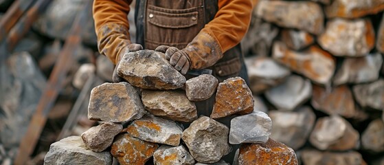 Using metal tools, wood and building materials like rocks and bricks, a bricklayer builds a stone wall. - obrazy, fototapety, plakaty
