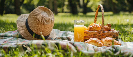 Serene picnic scene on sunny day with hat, juice, and croissants on checkered blanket.