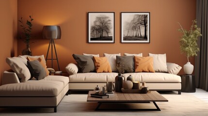 modern living room with tan walls, sofa, pillows