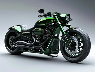 A modern green bobber style motorcycle with a classic American design touch.