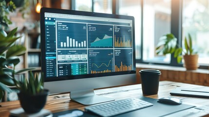 Monitor screen showing a campaign dashboard with graphs and success metrics, professional work environment. Generative AI.
