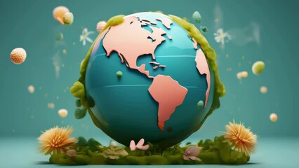 Blue and pink globe with flowers and plants on it