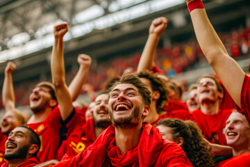 Belgian football soccer fans in a stadium supporting the national team, Rode Duivels, Diables Rouges

