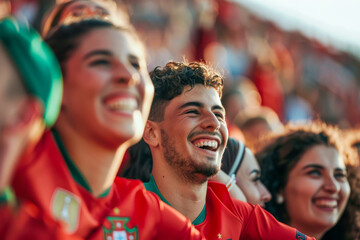Portuguese football soccer fans in a stadium supporting the national team, A Selecao das Quinas
 - obrazy, fototapety, plakaty
