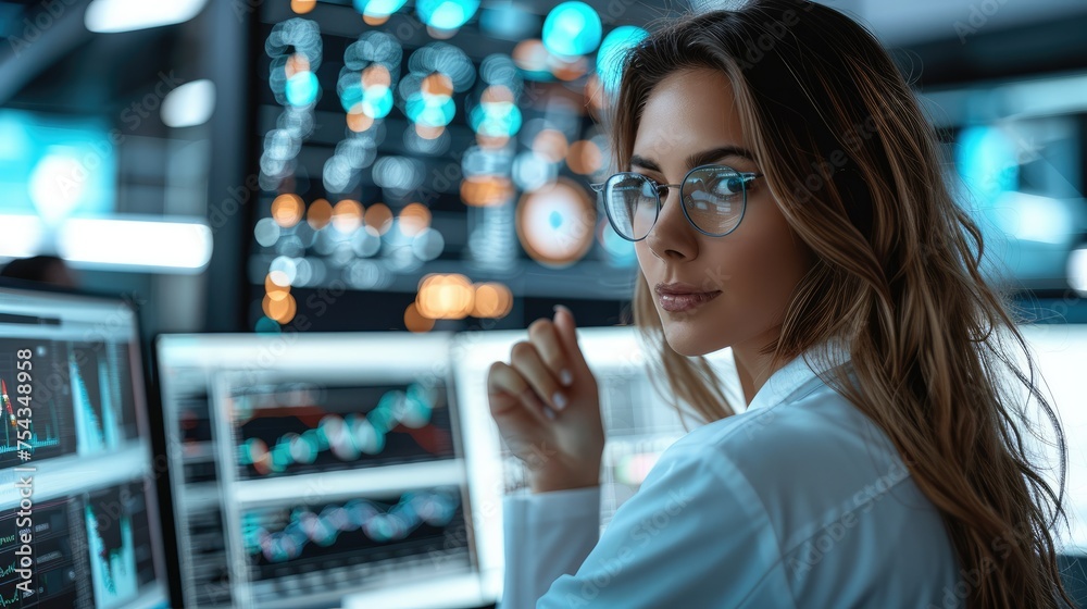 Poster professional woman working at cyber security operator. generative ai.
