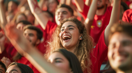 Fototapeta na wymiar Portuguese football soccer fans in a stadium supporting the national team, A Selecao das Quinas 