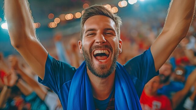A delighted football fan, yelling and waving his arms in the air to indicate his affection for the game