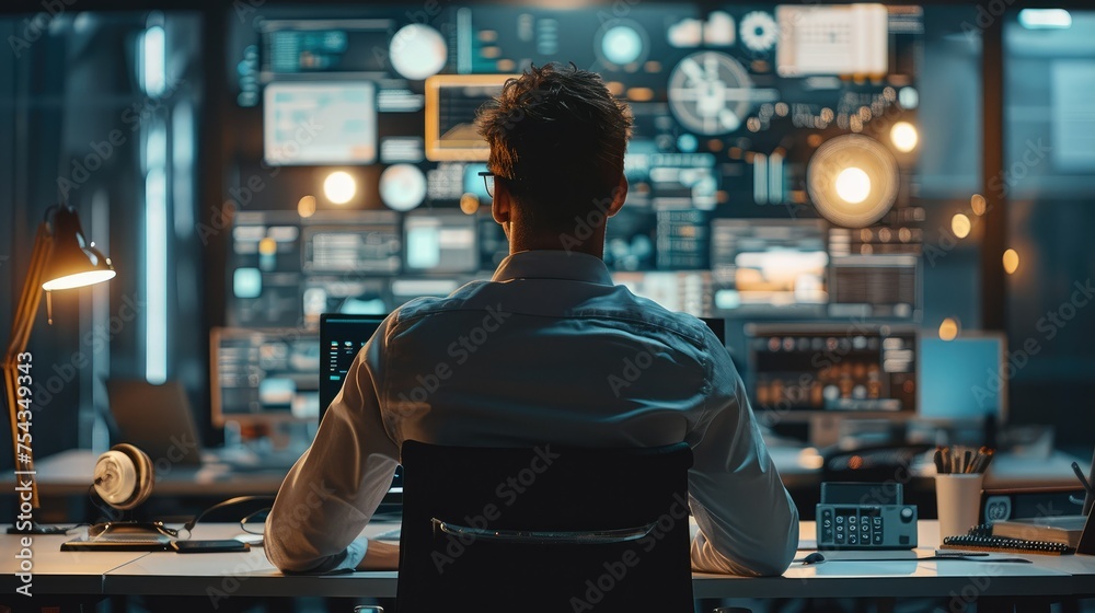 Fototapete Rear view. An corporate employee working with a computer, a representation of him searching for things across multiple platforms and interfaces, modernistic. Generative AI.
