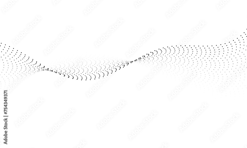 Poster flowing wave dot particles halftone pattern black gradient smooth curve shape isolated on transparen