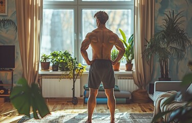 An active, sporty man with an athletic build uses furniture to focus muscle growth during workout at home as part of the idea of a healthy, fit body. - obrazy, fototapety, plakaty