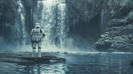  waterfall from mountain and robot costume hd captured image. © FDX