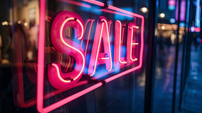 Cartel de rebajas de ne&oacute;n en escaparate de tienda