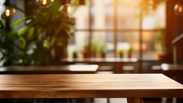 Wooden table with view of restaurant