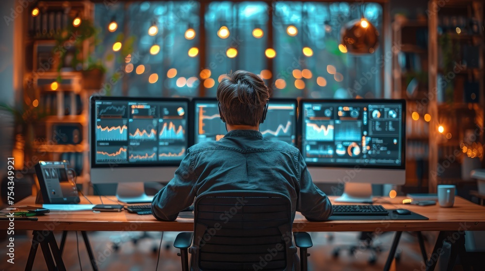 Aufkleber Programmer engrossed in work at their computer at modern office. Generative AI.