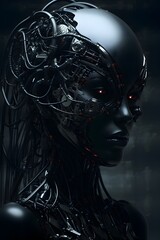 Black Female Robot with Intricate Circuitry Patterns and Afro-Wired Hairstyle