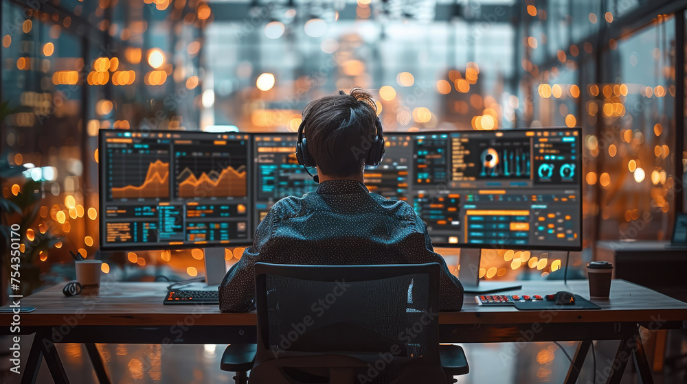 Aufkleber Programmer engrossed in work at their computer at modern office. Generative AI.