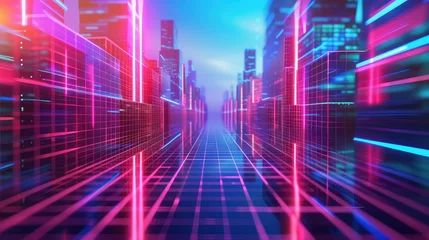 Fotobehang Retro cyberpunk style background. Sci-Fi background. Neon light grid landscapes. 80s © Suwanlee