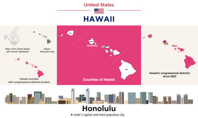 Hawaii counties map and congressional districts since 2023 map. Honolulu skyline — state's capital and most populous city. Vector set