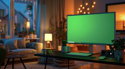 Desktop Computer Green Key Screen Stands on a Desk in the Living Room. Background Cozy Living Room in the Evening with Warm Lights, technology, monitor, display, business.