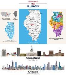 Illinois counties map and congressional districts since 2023 map. State's capital city (Springfield) and state's  largest city (Chicago) skylines. Vector set
