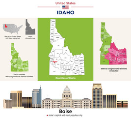 Idaho counties map and congressional districts since 2023 map. Boise skyline — state's capital and most populous city. Vector set