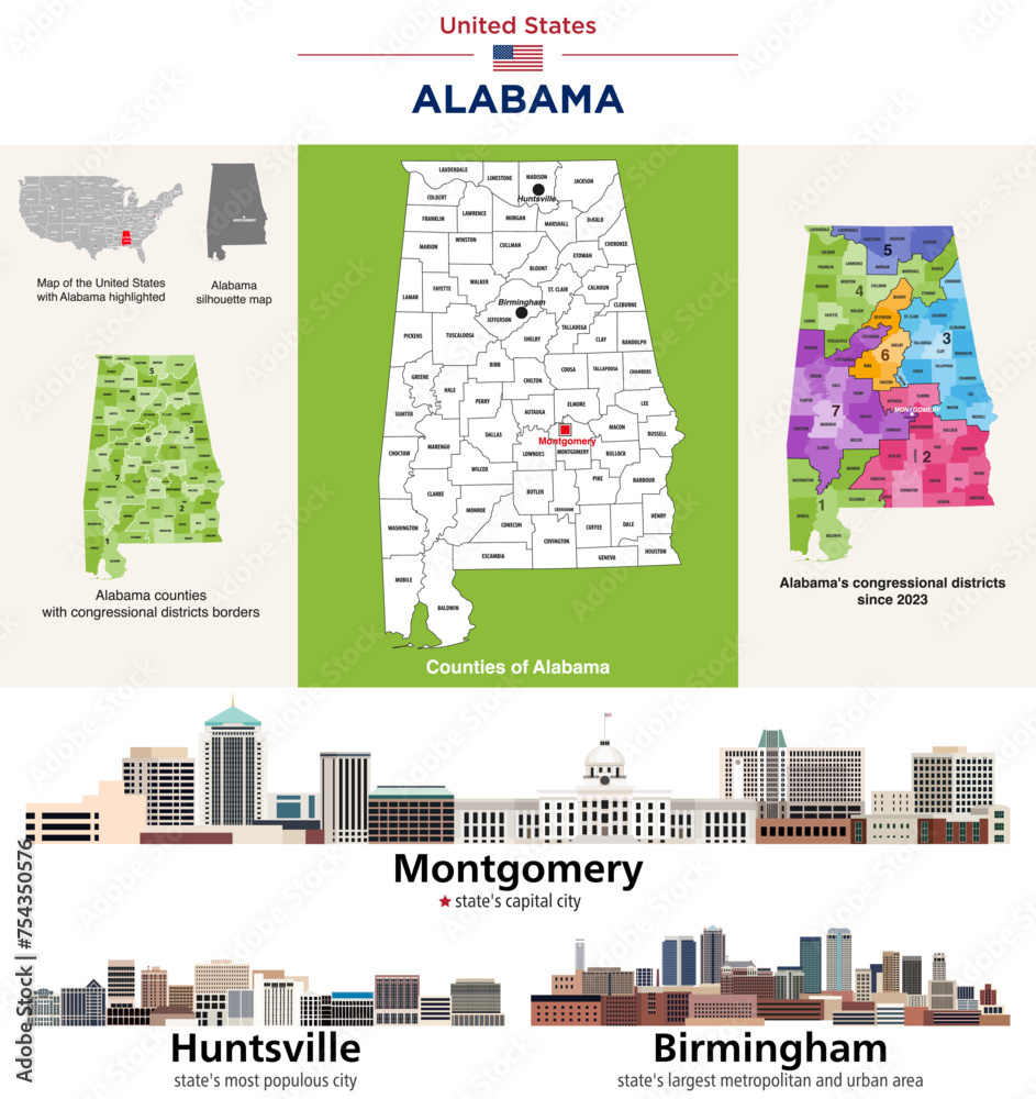 Wall mural alabama's counties map and congressional districts in 2023-2025 map. skylines of montgomery (state's