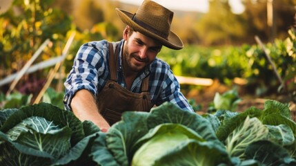 man farmer with fresh vegetables, cabbage harvest, natural selection, organic, harvest season, agricultural business owner, young smart framing, healthy lifestyle, farm and garden direct, non toxic - obrazy, fototapety, plakaty