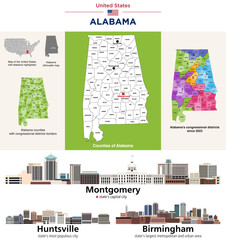 Alabama's counties map and congressional districts since 2023 map. Skylines of Montgomery (state's capital city), Huntsville and Birmingham(state's  largest cities). Vector set