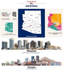 Arizona's counties map and congressional districts since 2023 map. Skylines of Phoenix (state's capital and most populous city) and Tucson (2nd most populous city). Vector set