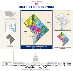Map of wards and neighborhoods in District of Columbia. City skyline of Washinton, D. C.