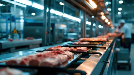 Production line in the food factory.Factory for the production of food from meat.Industrial equipment at a meat factory.Automated production line in modern food factory.People working.