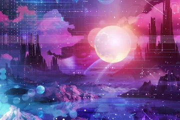 Rolgordijnen Retro Sci-Fi Background Futuristic landscape of the 80s. Digital Cyber Surface. Suitable for design in the style of the 1980`s © Suwanlee