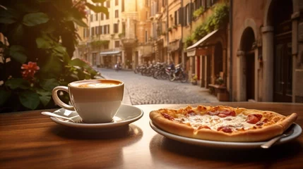 Fotobehang Vacations and recreation day, Cup of espresso coffee with slices of pizza with beautiful Italian street, relax, cafe, breakfast, morning, white, beverage, hot, caffeine © Polpimol