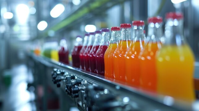 product bottles fruit juice on the conveyor belt in the beverage factory, industrial, manufacture, production, line, plant, technology, juice, machine, machinery, equipment, automated