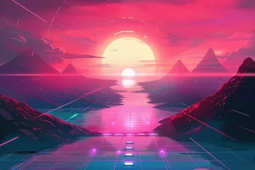 Gordijnen Retro Sci-Fi Background Futuristic landscape of the 80s. Digital Cyber Surface. Suitable for design in the style of the 1980`s © Suwanlee
