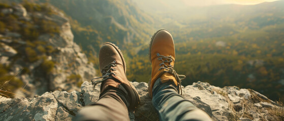 Hiker's boots dangling over a scenic autumn valley from a cliff edge.