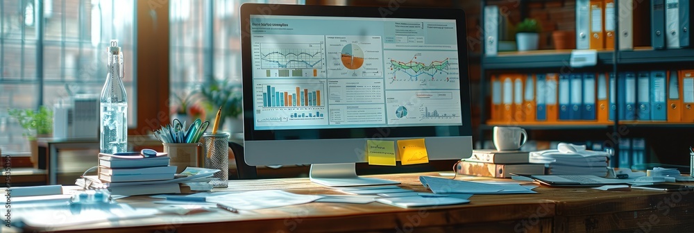 Poster modern research with lot of papers and a monitor, charts and diagrams. generative ai.