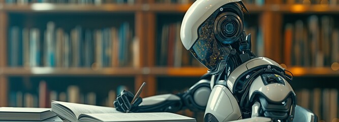 In the context of future mathematics artificial intelligence, a homonoid robot reading a book and solving math data analytics - obrazy, fototapety, plakaty