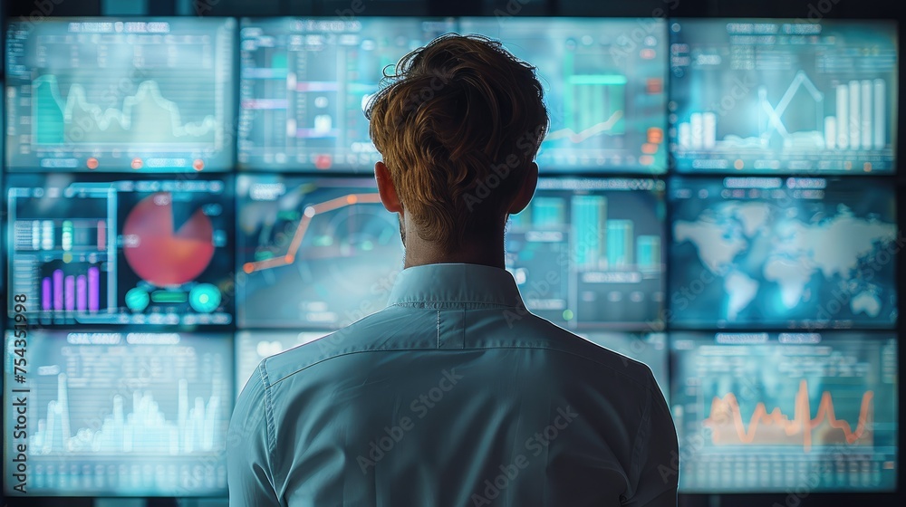 Poster rear view. man looking at a large screen, which contains digital marketing graphs, such as turnover,