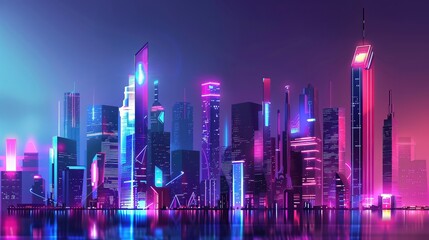 A futuristic depiction of a city skyline, illuminated by neon lights and digital enhancements, reflecting off the calm waters below