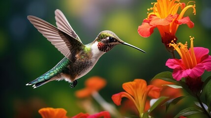 Humming bird with flower. Illustration AI Generative.